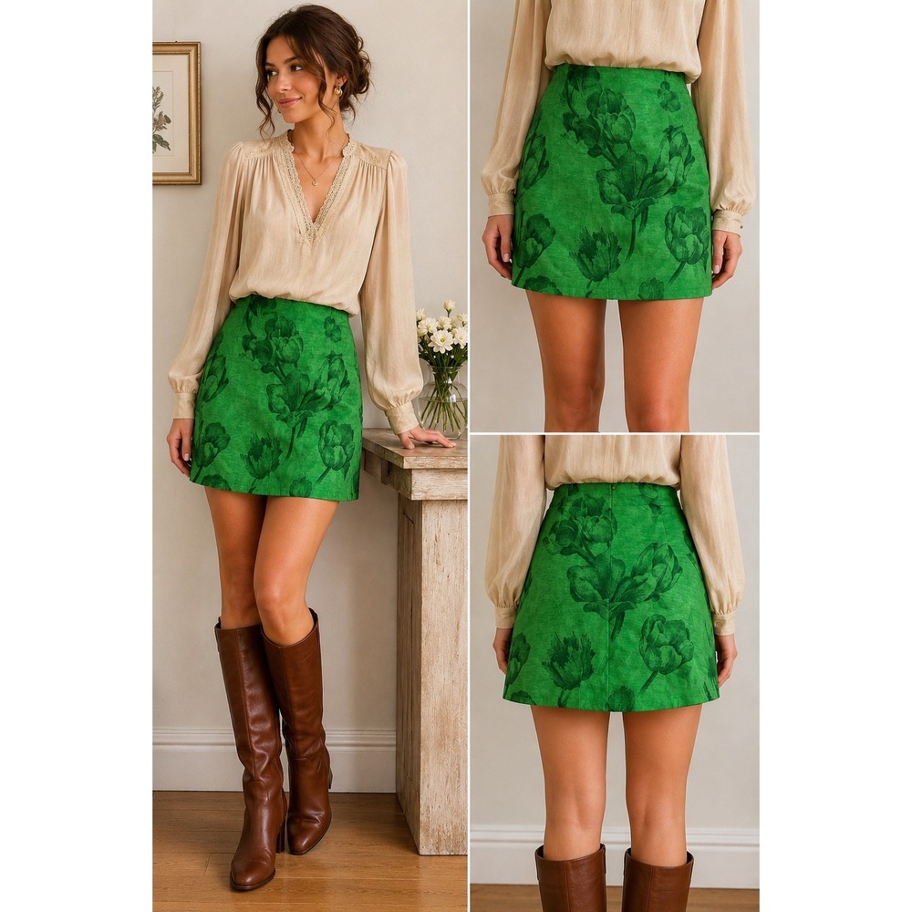 Vintage Carlisle Green Botanical Floral Mini Skirt Linenā Blend Size 6 Cottage